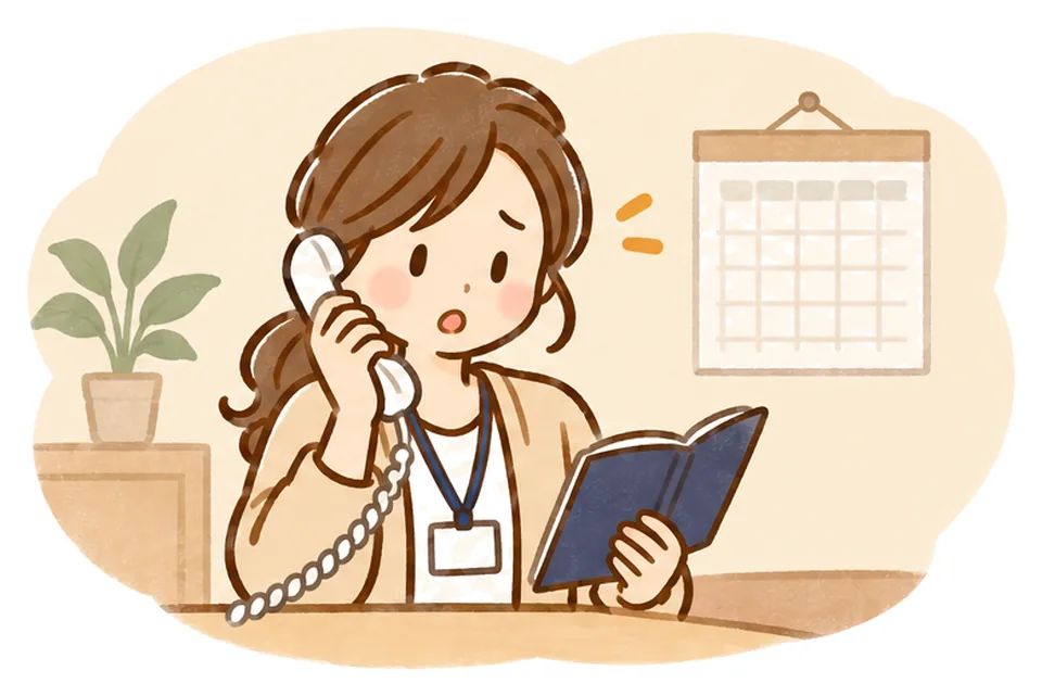 ケアマネが受話器を耳に当て、手帳を持って家族からの折り返しを待っている