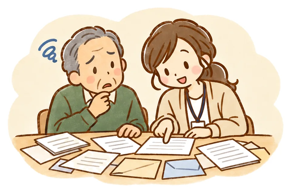たくさんの封筒と書類を前に困った顔のおじいさんと、一緒にのぞきこむケアマネ