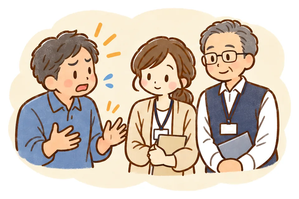 強い口調の家族の話を、ケアマネと管理者が並んで落ち着いて聞いている