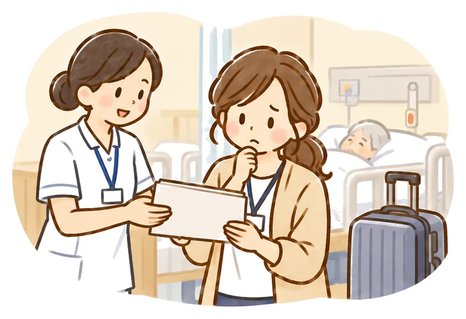 病室で看護師から書類を渡され、ケアマネが抱えて考えている