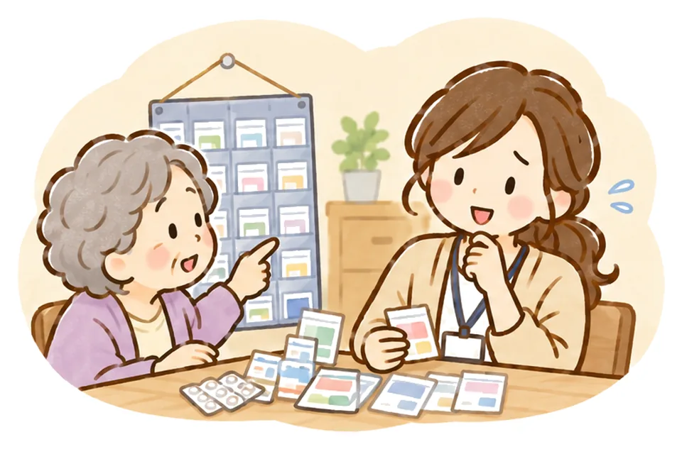 薬の袋とお薬カレンダーを前に、おばあさんがセットを頼んでいる