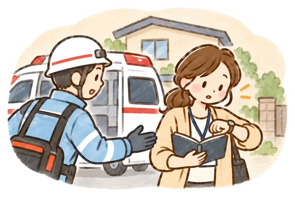救急車の前で救急隊員に同乗を求められ、ケアマネが腕時計と手帳を見ている