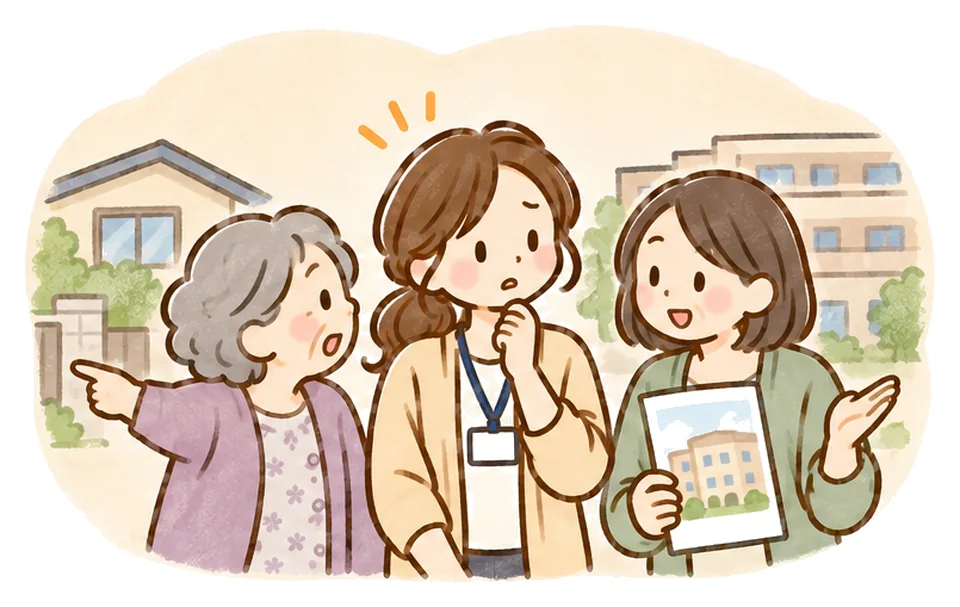 家を指すおばあさんと施設のパンフレットを持つ娘のあいだで、ケアマネが困っている