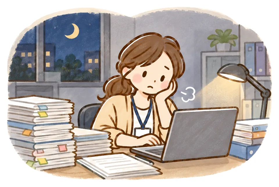 夜の事務所で書類の山を前に、ケアマネがほおづえをついてため息をついている