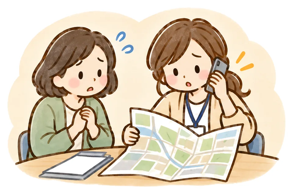 心配そうな家族の横で、ケアマネが地図を広げて電話をしている