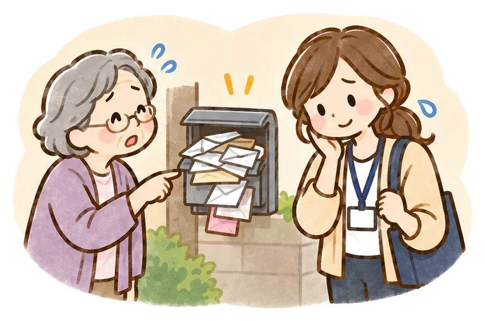 あふれた郵便受けを指して受け取りを頼むおばあさんと、困った笑顔のケアマネ