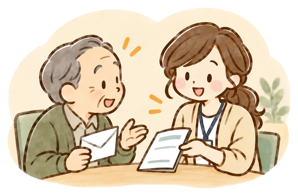 封筒を手に相談するおじいさんに、ケアマネがパンフレットを差し出している