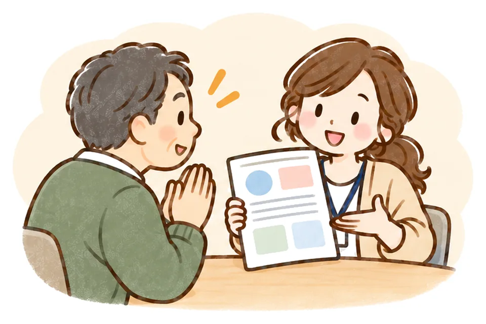 両手を合わせてお願いする家族に、ケアマネが説明の資料を見せている